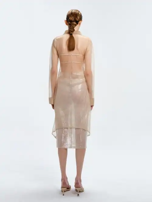 lucency春夏裸色闪亮透明亮片满绣直筒显瘦高开叉半身裙