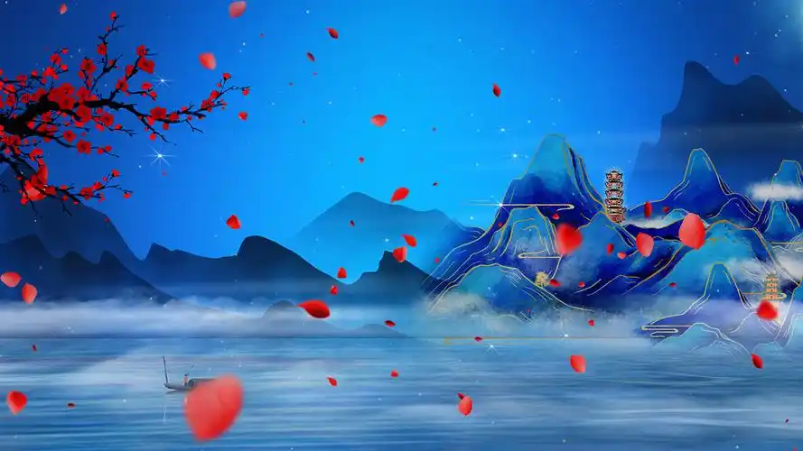 4k蓝色新潮中国风山水梅花飘落美景视频背景ae模板新中式水墨山水画