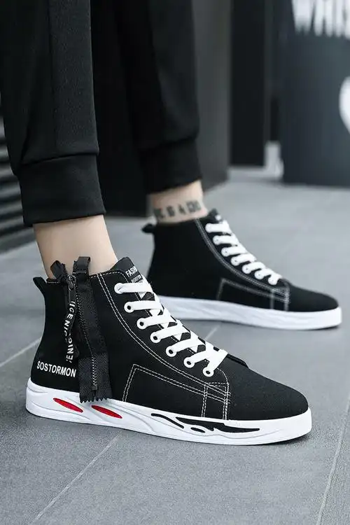 高帮帆布鞋男2018秋季新款韩版潮流休闲鞋百搭学生黑色帆布潮鞋子