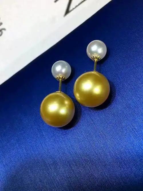 南洋金珠耳钉天然金黄色海水珍珠耳环akoya珍珠双色耳钉正圆无暇