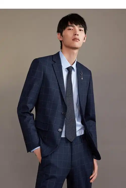 hla海澜之家礼服套装男2021秋季新品精致胸针格子套西htxad3d017a藏青