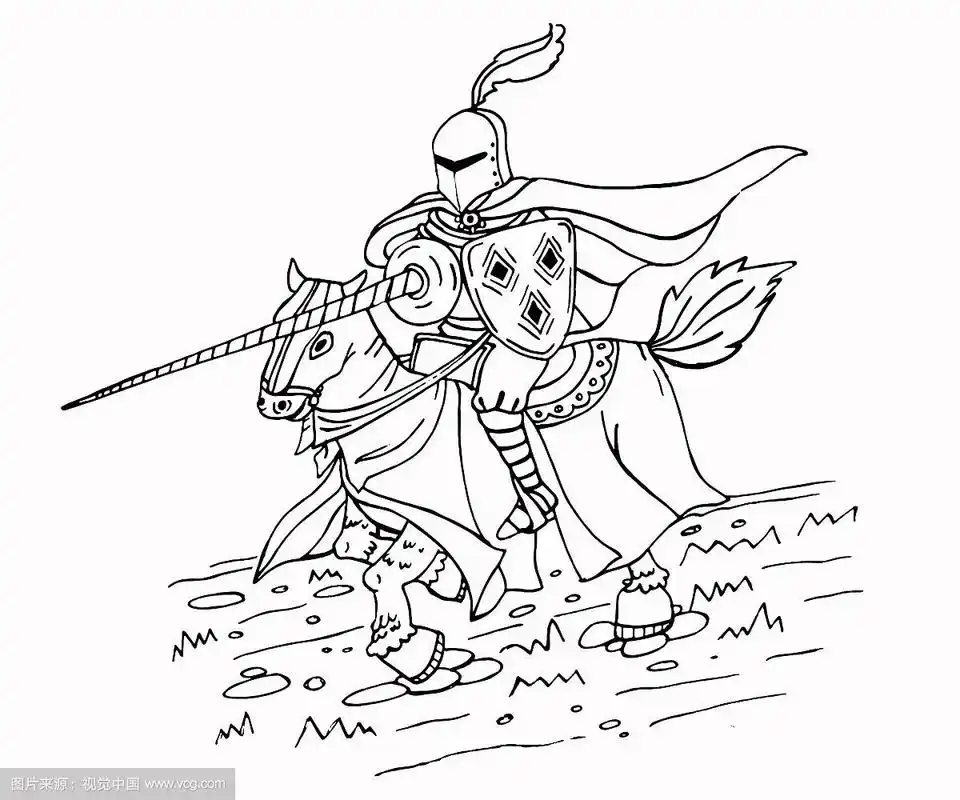 中世纪长矛骑士在马的墨汁上