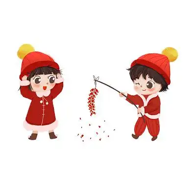 过年小朋友穿着红色的棉袄开心的放着鞭炮卡通新年元素