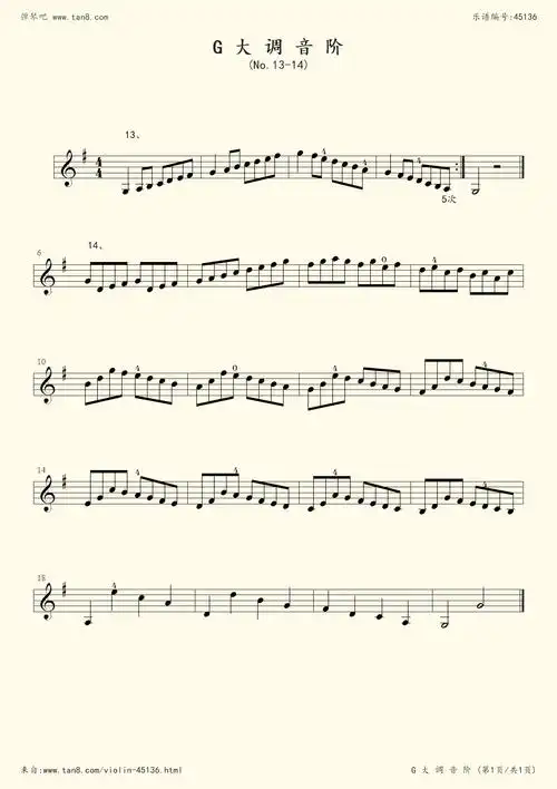 小提琴谱:2-16,g大调音阶(no.13-14)