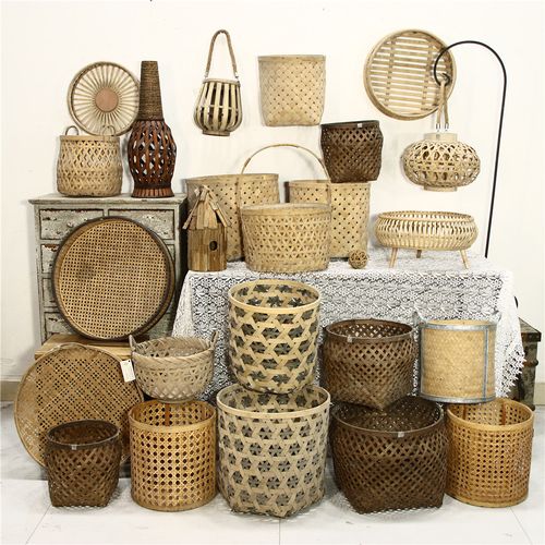 孤品复古民宿软装仿古竹制工艺zakka竹编收纳筐落地花瓶装饰摆件