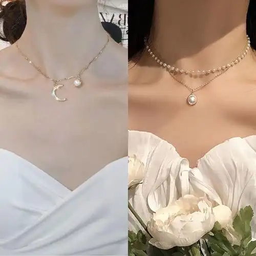 脖子上戴的饰品珍珠项链短款小红心珍珠锁骨链饰品项圈颈带简约气