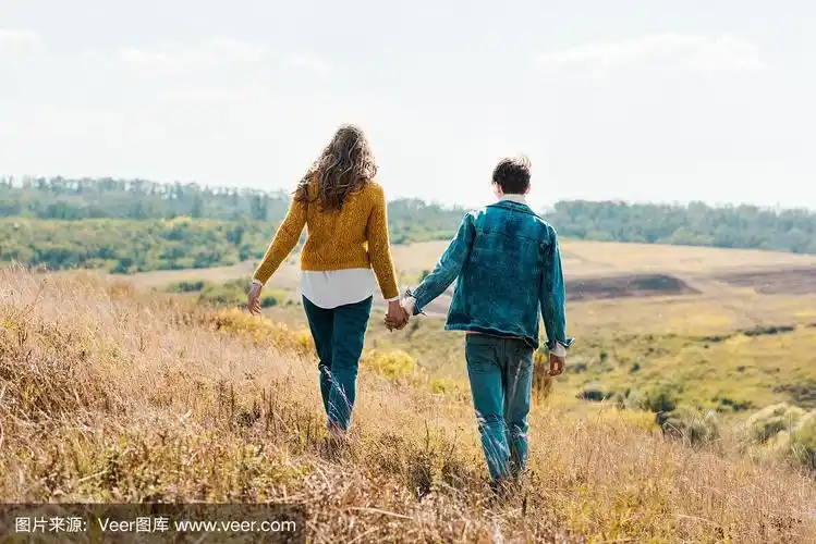 一对夫妇在乡村草地上散步的背影