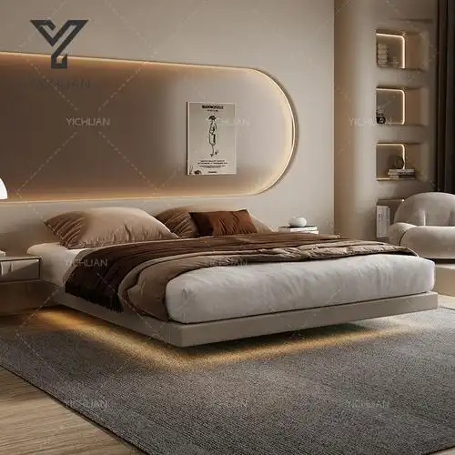 奶油风无床头悬浮床架悬空皮床轻奢现代主卧双人床小户型齐边床