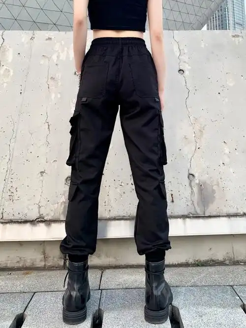 黑色工装裤女高腰显瘦束脚宽松哈伦裤春秋休闲运动裤子嘻哈潮ins