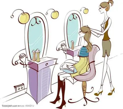 手绘简约风格插画之在做头发造型的美女