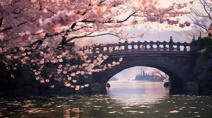 盛开的樱花树樱花飘落与与阳光下的中式古风石桥浪漫风景唯美壁纸