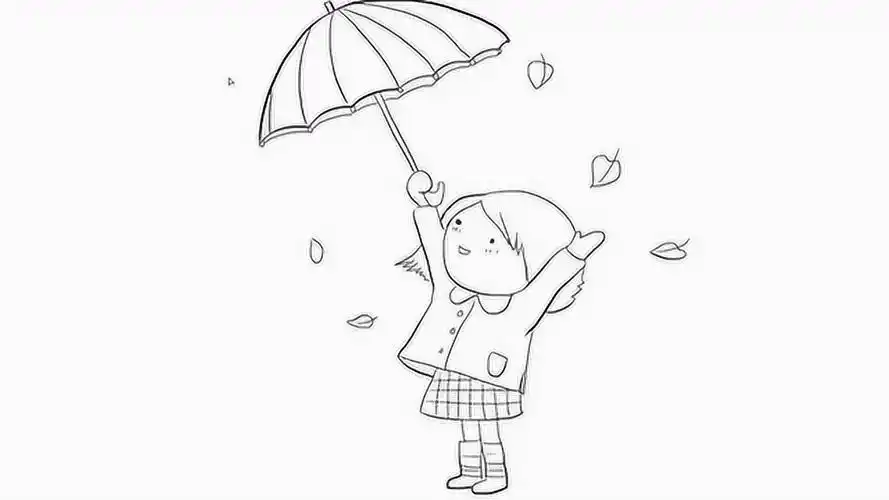 雨天里打伞的卡通女孩儿童亲子简笔画