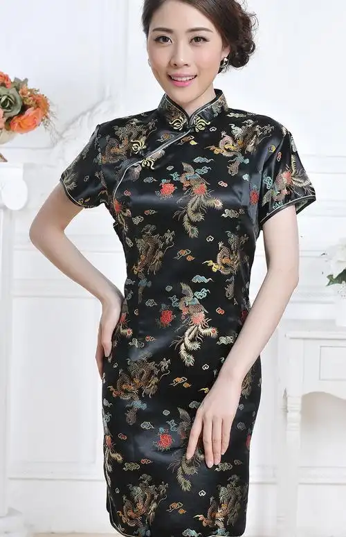 织锦缎龙凤短旗袍大码中国风外贸传统女式旗袍大红