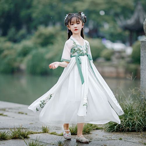 窠窠良品3汉服女童儿童唐装裙子仙古装夏中国风襦裙小女孩连衣裙6 绿