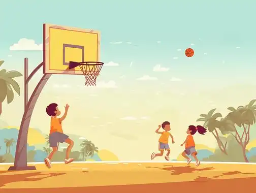 卡通手绘健身节插画户外阳光多人小孩打篮球场景插画海报人物插画运动