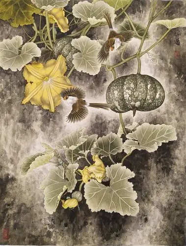 写实工笔花鸟画欣赏:《情窦初开时》