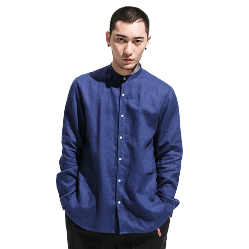 集云中国风男装亚麻衬衫男长袖青年圆领宽松寸