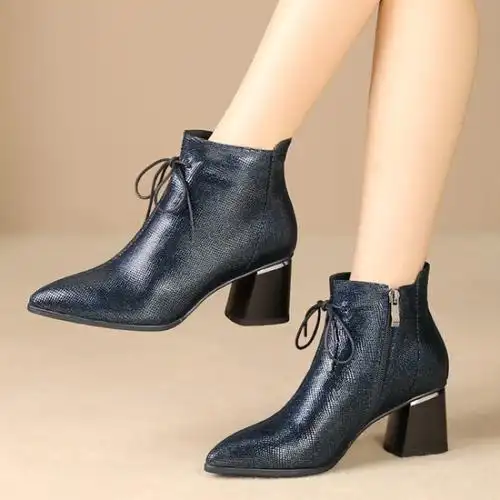 格瑞迪欧羊皮2019秋季真皮粗跟高跟短靴女靴尖头马丁靴7310