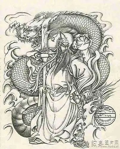 站立的关公降龙纹身手稿,整个图案风格非常的复古,几乎可以用线条完成