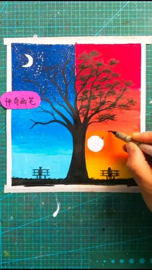 油画棒画白天与黑夜风景