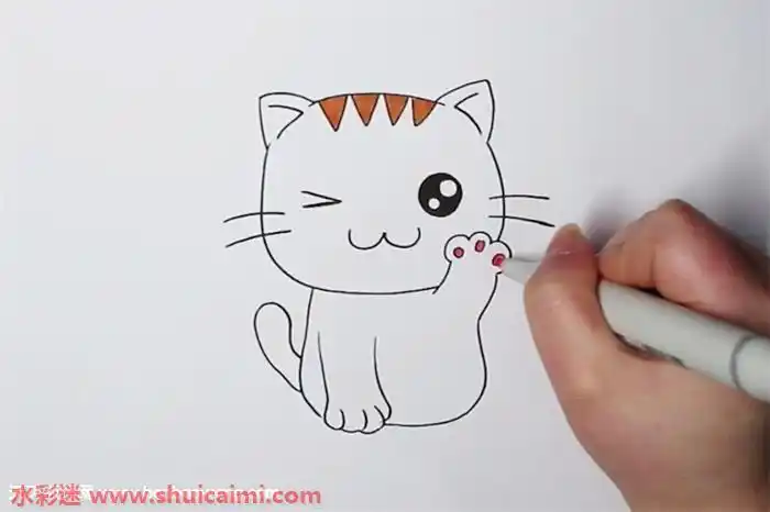 1,首先画出小猫咪的头部,头顶两边画上耳朵,眼睛一只在眨眼,嘴巴是"w"