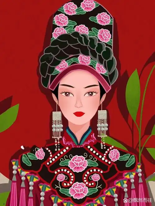 插画打卡26|56个民族之羌族女孩 国庆节,画了一个红红火火的羌族女孩