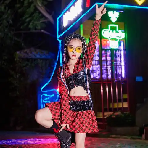 女童爵士舞舞蹈儿童2022新款红色格子演出服女孩儿童演出服