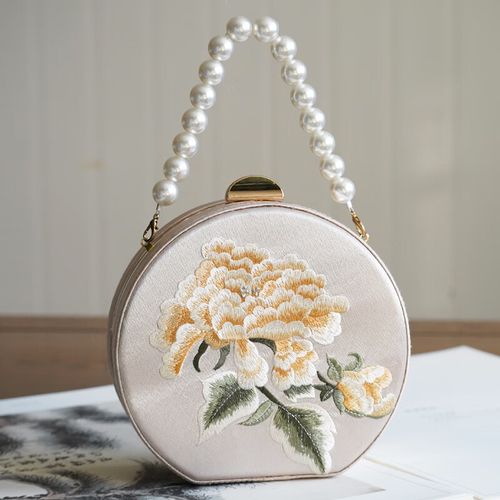 手提包女中式刺绣小包包搭配穿旗袍的包 香槟色