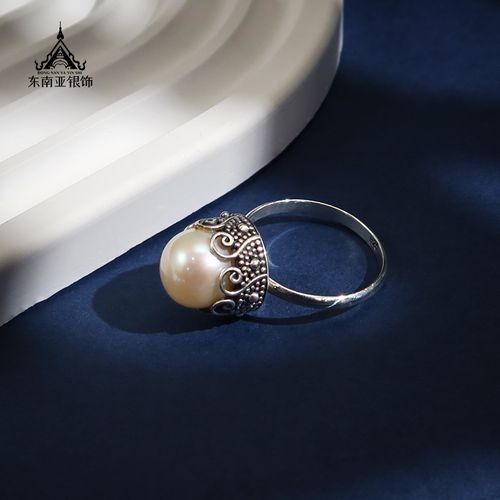 复古珍珠东南亚银饰戒指天然镶嵌原创设计戒指