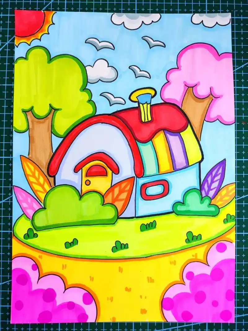 马克笔儿童画可爱的房子附线稿