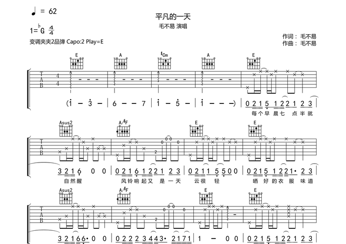 平凡的一天吉他谱(图片谱,弹唱,小叶歌)_毛不易(王维家)