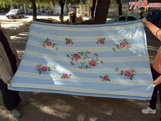 怀旧收藏八十年代床单蓝白条花朵图案尺寸200130cm