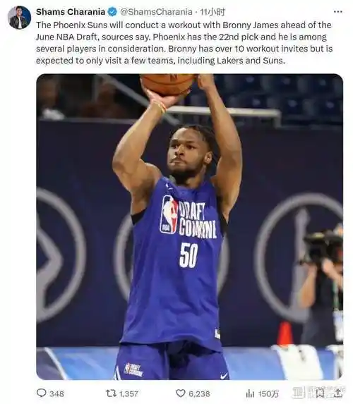 首轮22顺位!太阳试训詹姆斯儿子