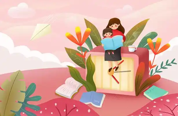 手绘亲子读书日一起看书的母子温馨海报原创插画素材