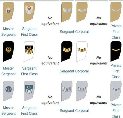 阿联酋士兵军衔分别是列兵(无军衔标志),一等兵,下士,中士,上士和军士