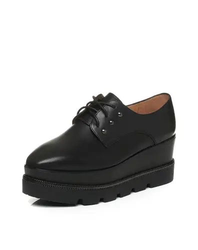 天美意黑色牛皮松糕厚底系带鞋女单鞋