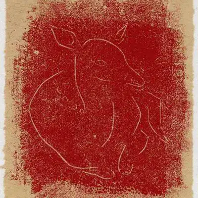 常玉,《鹿》,1930s,橡胶版画,红墨,日本纸,18.5 x 13.8 cm