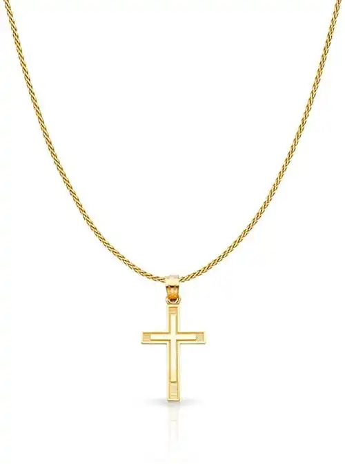 14k 黄金十字架吊坠,带 0.9 毫米小麦链项链