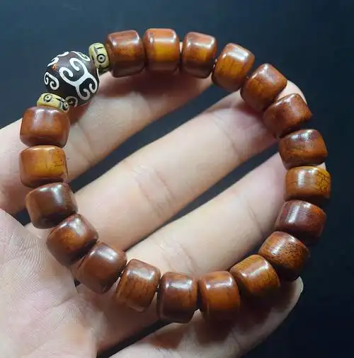 藏式老料男款牦牛骨佛珠手串 炸纹牛骨搭配回纹天珠民族风手链