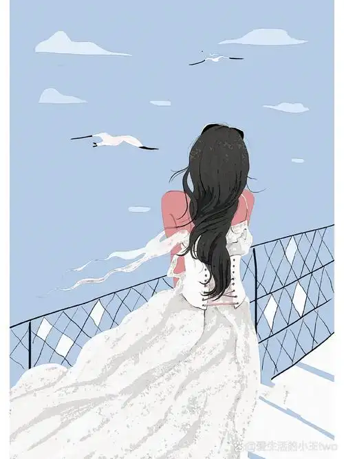 女孩背影插画  白裙长发女孩背影 微风不燥 拂过女孩的长发 裙摆随风