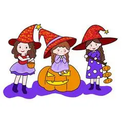 三姐妹万圣节装扮卡通插画