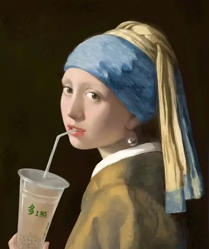 喝珍珠奶茶的少女