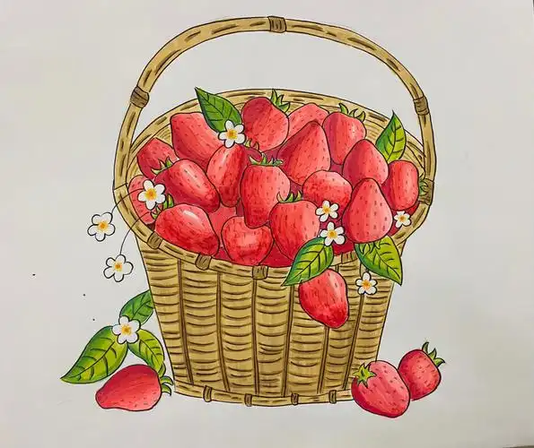 草莓简笔画儿童画附线稿马克笔涂色步骤