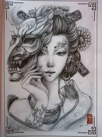 明月艺伎纹身手稿图片中国美艺妓篇