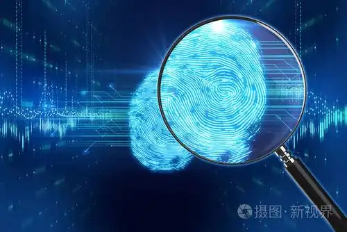 3d. 放大镜在数字指纹图像上的渲染,网络犯罪的概念,生物特征