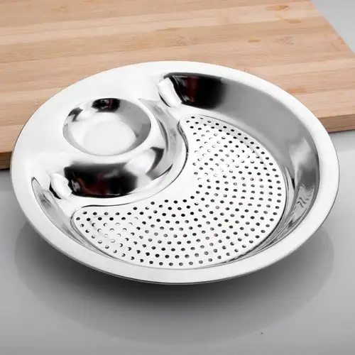 带醋碟加厚不锈钢饺子盘 双层沥水 不锈钢水饺盘子 圆形多用盘