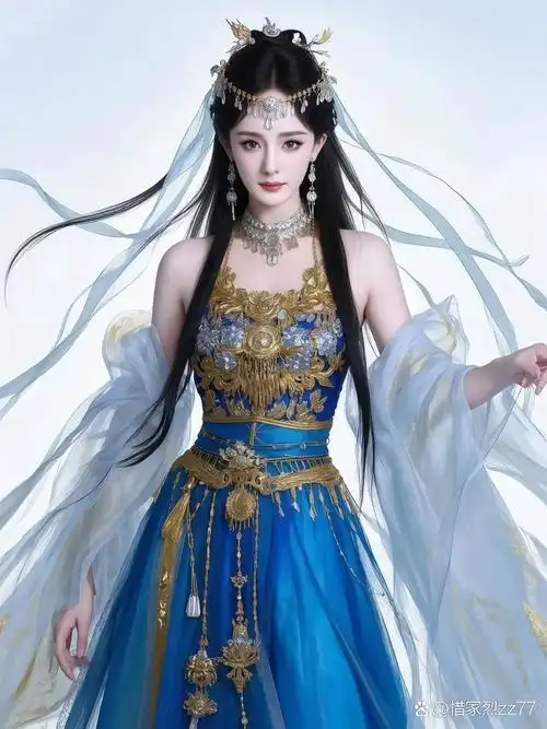 幂幂身穿一袭华丽蓝金长裙,气质优雅如仙女下凡,美得让人窒息