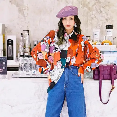 时尚欧美印花韩版衬衫2020春季新款女装chic红薄宽松潮范上衣优惠券