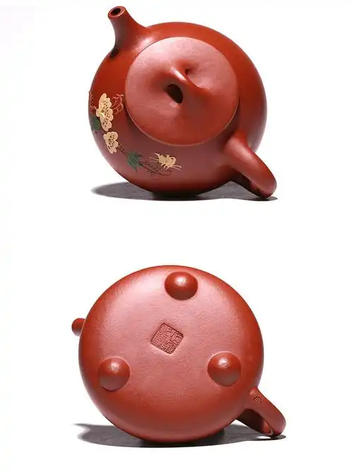 宜兴国工名家吴文彩原矿大红袍紫砂壶纯全手工泥绘 荣华富贵石瓢壶