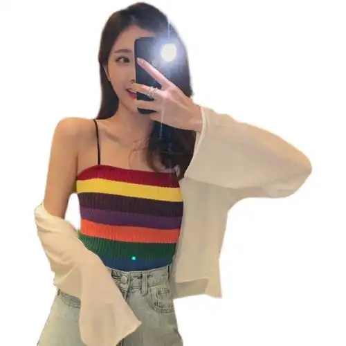 撞新款涤纶百搭色彩虹条纹无袖外穿吊带小背心女装夏潮内搭泫雅风